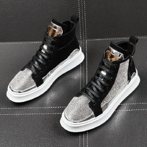Men Fashion Casual Ankle Boots Spring Autumn Punk Style rhinestone Trend Shoes Male Leather High Top Hip Hop Sneakers 1A17