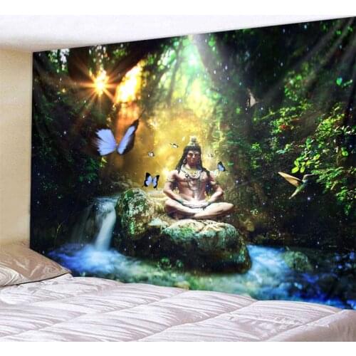 Forest Buddha Statue Polyester Wall Hanging Tapestry Mandala Bohemia 5 Sizes Travel Sleeping Pad Polyester Fabric