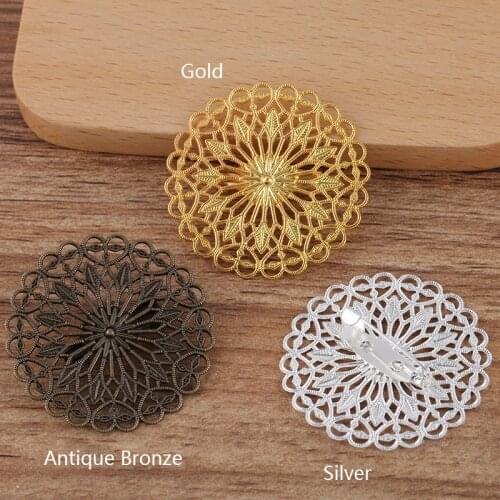 5pcs 38mm Round Flowers Brooch Base Pad Setting Hollow Out Base Copper Brass Vintage Retro Accessories for Jewelry Making DIY
