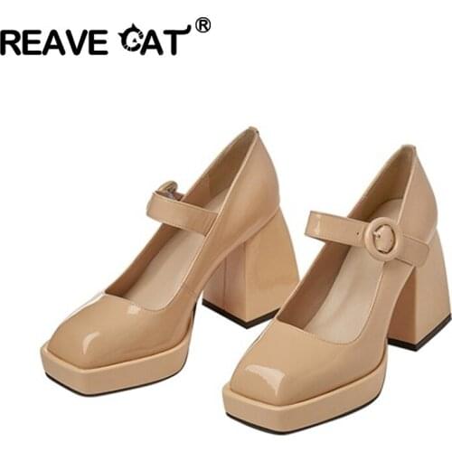 REAVE CAT 2021 Fashion Platform Shoes Genuine Leather Party Wedding Shoes Summer Ladies 9cm Block High Heels Women Pumps Buckle