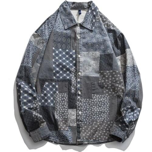 Japan Style Vintage Print Shirt For Men Long Sleeve Fashion Casual Loose Shirts Autumn New Turn-down Collar Pure Clothing Y3121