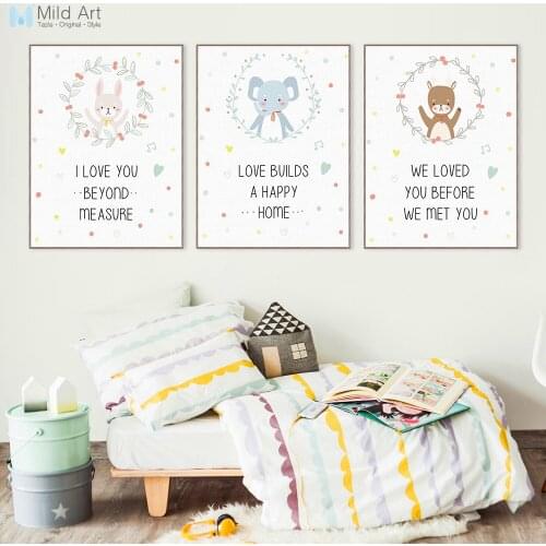Modern Cartoon Kawaii Animals Elephant Bear Quote Canvas A4 Art Print Poster Wall Picture Kids Baby Room Decor Painting Custom