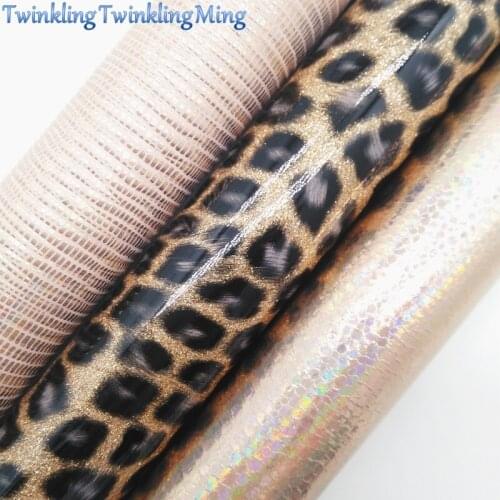 Gold Glitter Fabirc, Leopard Faux Leather Fabric, Iridescent Synthetic Leather Sheets For Bow A4 8"x11"Twinkling Ming XM397