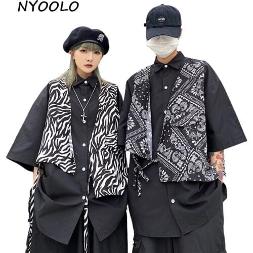 NYOOLO Harajuku Streetwear Zebra Pattern Pocket Patchwork Fake 2 Pieces Short Sleeve Goth Shirt Women Men Clothes Hip Hop Tops