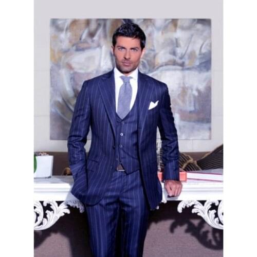 Groomsmen Royal Blue with White Stripe Groom Tuxedos Notch Lapel Men Suits Wedding Best Man ( Jacket+Pants Tie+Vest ) C419