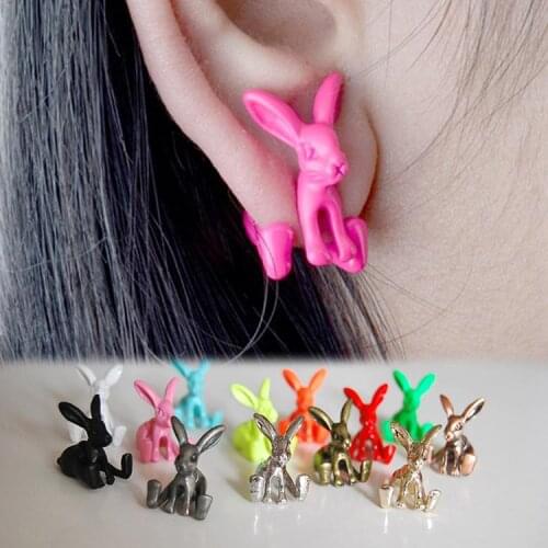 1 Pcs Women Fashion Cute Earring Punk Jewelry White Color Alloy Dimensional Animal Bunny Rabbits Fluorescent Piercing Earrings