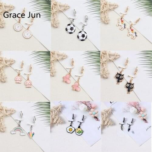 GRACE JUN 32 Colors Choose Cartoon Animal Friut Flower Clip on Earrings for Women Girl Party Wedding Charm No Ear Hole Earrings