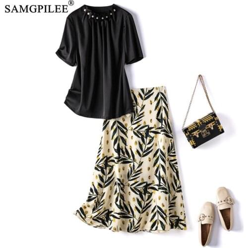 Summer Two Piece Sets For Women 2021 New Short Sleeve Office Lady Pullover O-neck Elastic Waist Print Calf-length Skirt Suits