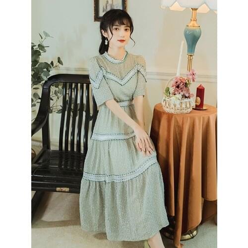 Summer New Womens Japanese Pastoral Girl Style Temperament Was Thin And Long Dress Flocking Stitching Literary Retro Dress