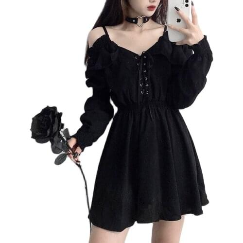 Women Dress demon girl original black spring and autumn 2021 sexy high waist femme shoulder long sleeve gothic dress