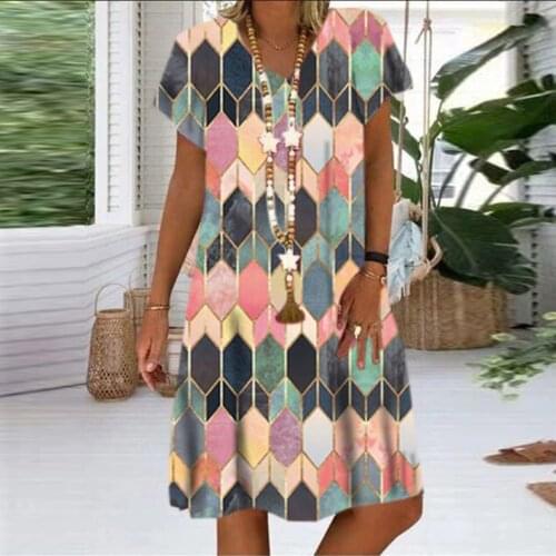 Geometric Diamond Vintage Print Dress Women Casual V Neck Short Sleeves Short Dress Graphic Plus Size Pullover Elegant Dress