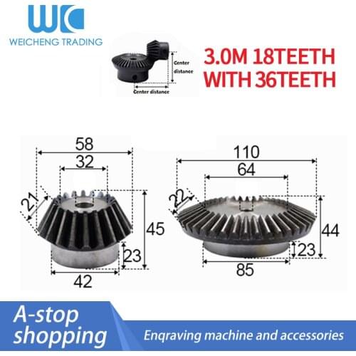 2pcs 1:2 Bevel Gear 3 Modulus 18 Teeth hole 10mm + 36 teeth Inner Hole 18mm 90 Degree Drive Commutation Steel Gears