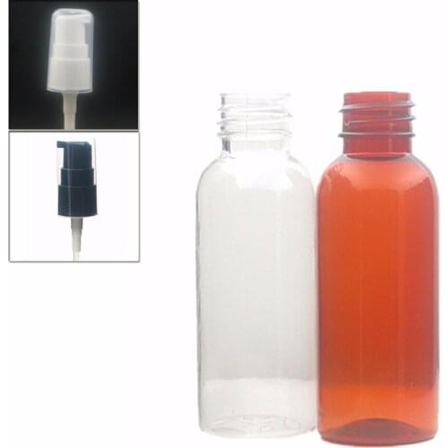 30ml empty amber/clear plastic pet bottle with black/white treatment pump X 10