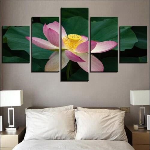 5 Pieces Lotus Canvas Painting Pink Flowers Wallpapers Green Leaves Posters Plants Landscape Pictures For Home Room Decor Art