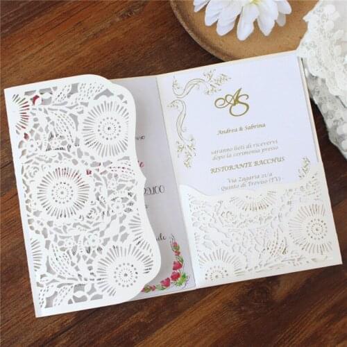 Pocketfold wedding invitations making pearl ivory flower laser cutting customzied printing 50pcs