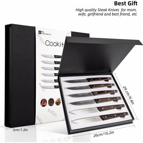 Steak Knife, Cookit 6Pcs Steak Knife Set 5-Inch Stainless Steel Serrated Steak Knife with Wooden Handle Home Kitchen Gift