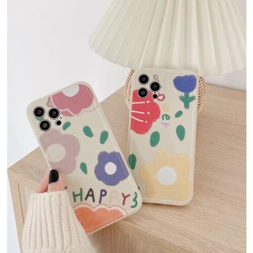 Retro Yellow flowers art kawaii Japanese Phone Case for apple iPhone 11 12 Pro Max Xr Xs Max 7 8 Plus 7Plus case Cute Soft Cover