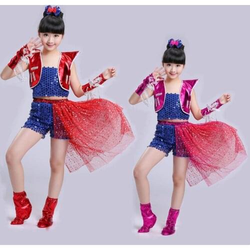 Kids Sequin Hip Hop Clothing Clothes For Girls Tops Tutu Shirt Red Hot Pink Jazz Dance Costume Ballroom Dancing with Boot covers