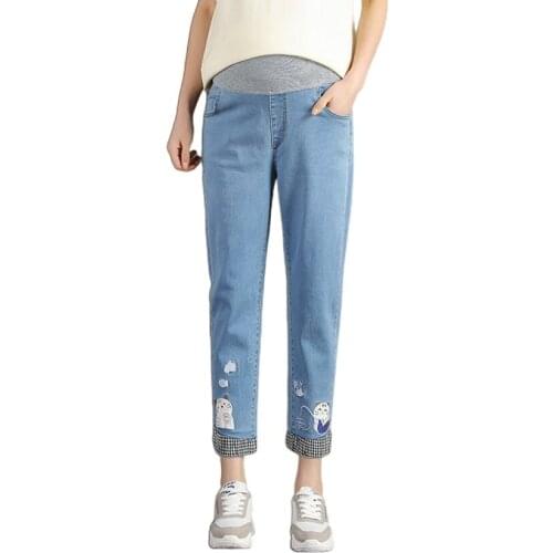 Pregnant Japanese Japanese small fresh sweet cute cartoon kitten casual straight pants stretch jeans fashion belly care