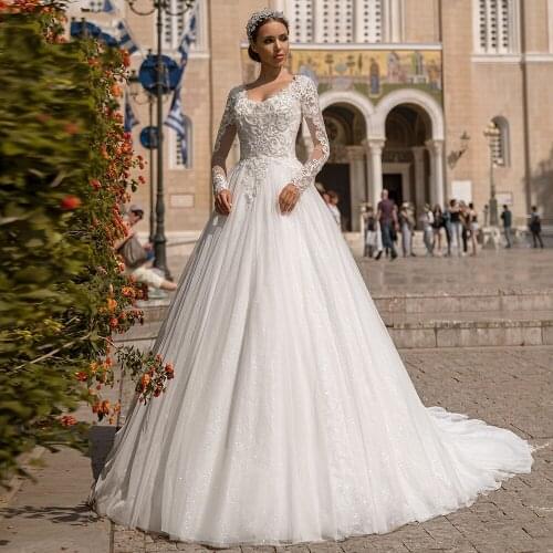 H266 Crystals Beading V Neck Wedding Dress Boho Shinny Tulle Long Sleeves A Line Bridal Wedding Gowns Custom Made
