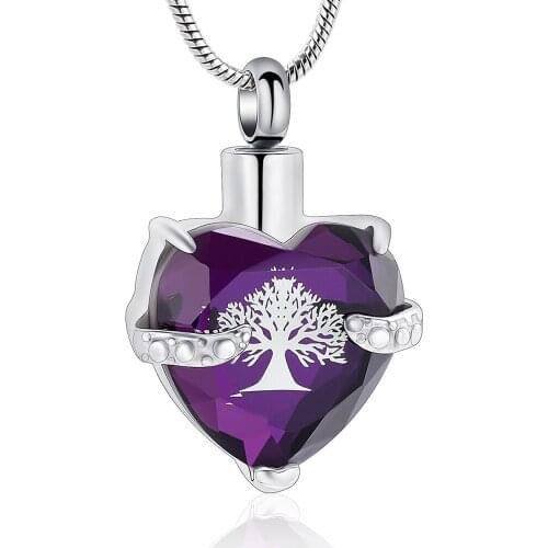 IJD9790 Stainless Steel Cremation Memorial Jewelry Life Tree for Ashes Keepsake Purple Glass Heart Pendant Necklace Jewelry