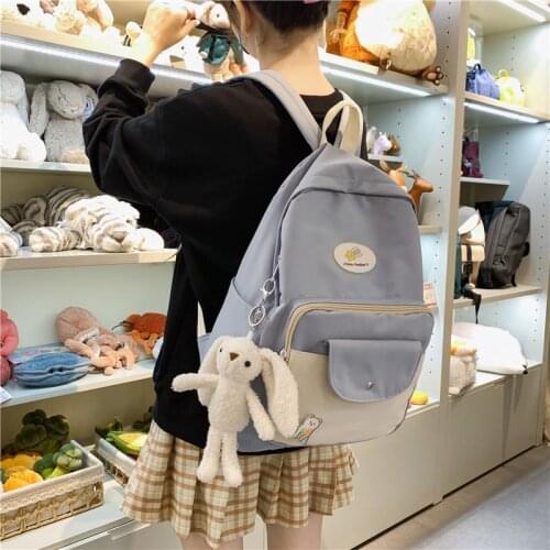Kawaii Women Backpack Rabbit Pendant Cute School Bag for Teenage Girls Preppy Style Rucksack Waterproof Nylon Backpack Mochila