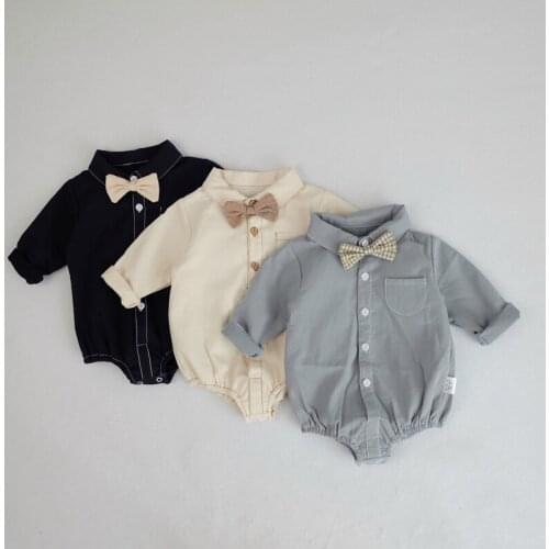 Baby Boys Clothes 2021 New Kids Boy Gentleman Long Sleeve Romper Shirt Tops + Bow Tie Toddler Cotton Party Clothing for 0-24M