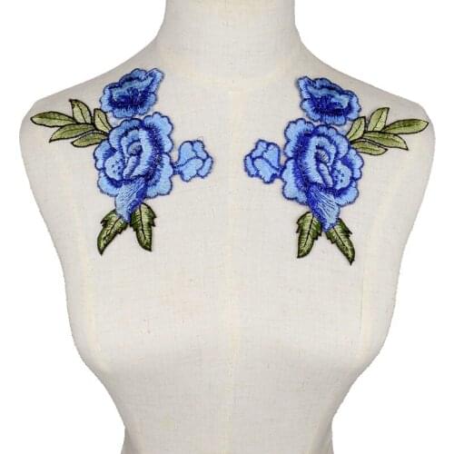 2pcs Beautiful Blue Rose Flower Floral Collar Sew Patch Applique Badge Embroidery Dress Handmade Craft Ornament Fabric NL255