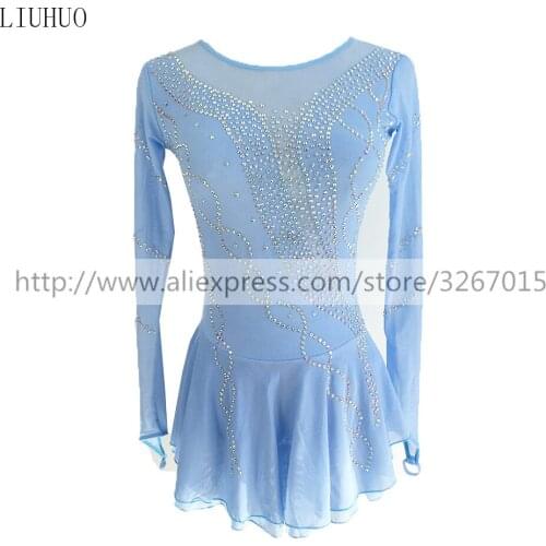 Figure Skating Dress Child Womens Girls' Ice Skating Dress Kids Competition Light blue Round neck long sleeve Invisible zipper