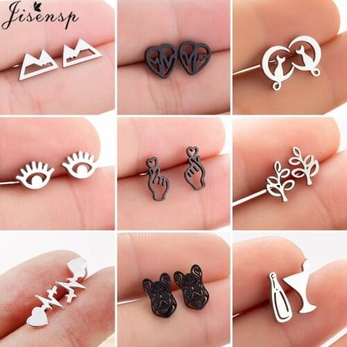 Minimalist Stainless Steel Stud Earrings Women Men Jewelry Black Dog Heartbeat Mountain Leaf Earings Animal Accessories Brincos