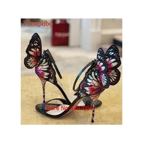 Fashion Sexy Woman Shoes Colorful Butterfly Wings Thin High Heels Sandalial Ankle-Strap Pumps Party Leisure Women Zapatos Mujer