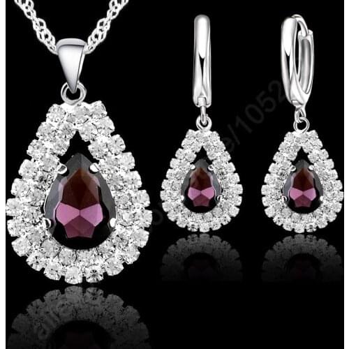 Fancy Waterdrop Pendant Necklace Earrings 925 Sterling Silver High Quality Crystals Jewelry Set Women Wedding Bijoux