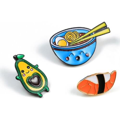 Cartoon Food Fruits Brooches Cute Avocado Sushi Japanese Ramen Enamel Pins Fashion Jewelry For Children Girls Denim Shirts Badge