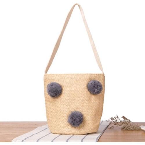 British style new straw bag cute sweet hair ball beach bag vacation leisure woven bucket handbag