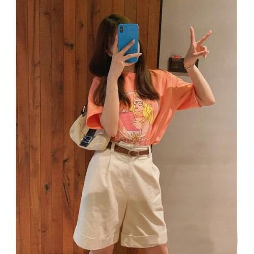 2021 Summer New Retro Girl Orange Short Sleeve + Short Pants Two-piece Fashion