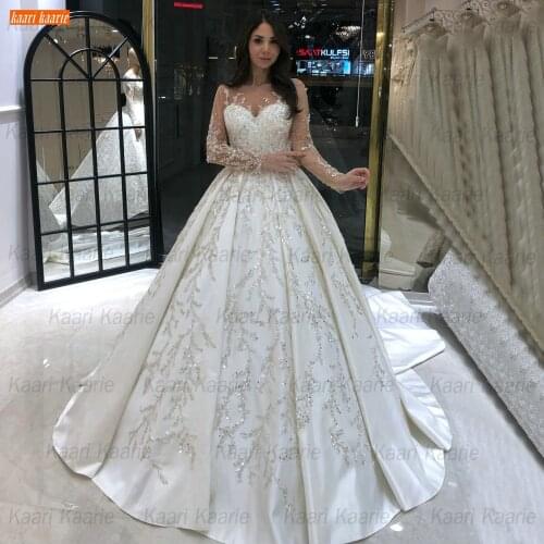 Luxury Beading Wedding Gowns Long Sleeves 2021 Vestido De Novia Lace Up Satin Bride Dresses For Women Custom Made Abito Da Sposa
