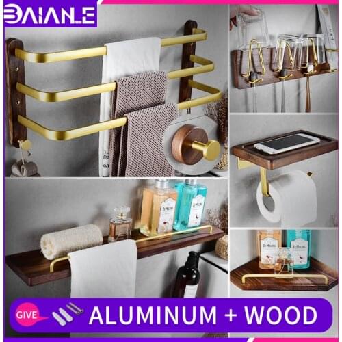 Modern walnut bathroom towel rail set waterproof woodenThree rod towel rack shower paper towel holder shampoo storage shelf