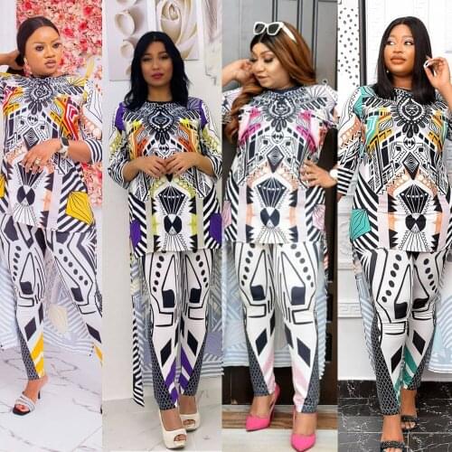 Tilapia Plus Size African Ankara Dashiki Two Pieces Women Summer Suit X Long Top Fashion Pants Elastic Outfit Casual Set