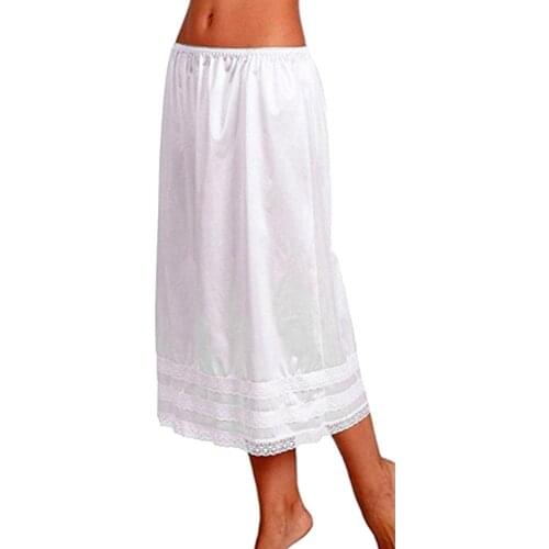 Women Solid Color Elastic Waist Lace Patchwork Underskirt Petticoat Midi Skirt