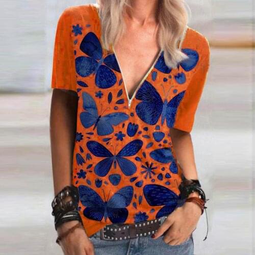 5xl Plus Size Red Tops And Shirts For Female Womens Fashion Butterfly Print Zipper Deep V-neck Loose Short Sleeve Shirt Blusas