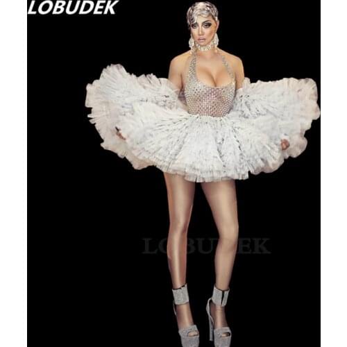 Female Singer Dancer Stage Performance Costume Sexy Backless Rhinestones Halter Mini Dress Birthday Party Club Show Stage Wear