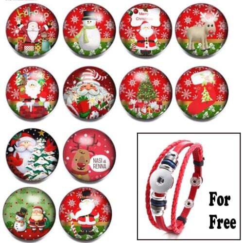 12pcs/lot Christmas Snap Button+1pc Leather Bracelet For free 18mm Glass Snap Buttons Xms Charms For Snap Bracelet Snap Jewelry