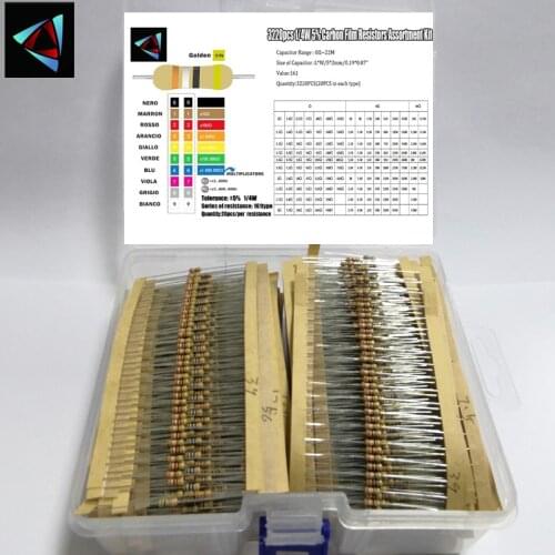 3220 pcs/lot 1/4W 0.25W 5% 0R~22M 161values*20pcs=3220 pcs Carbon Film Resistor Assorted Kit Resistor Pack samples