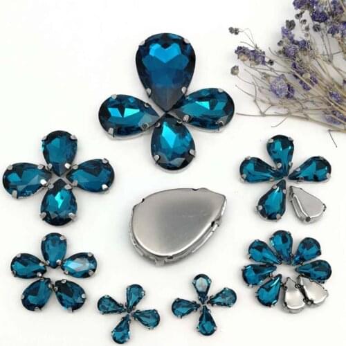35pcs8Sizes MIX Peacock blue DR shape Crystal Glass Sew-on Rhinestones Silver Bottom DIY Mobile phone shell and Wedding dress