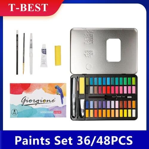36/48 Colors Solid Water-colors Paints Set Pigment Drawing Painting with Water Brush Paintbrush Pencil Sponge Water color Paper
