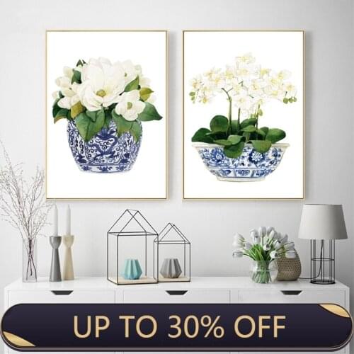 White Orchid Magnolia Chinoiserie Decor Canvas painting Print Oriental Vase Blue White Willow Style Porcelain Flower Jar
