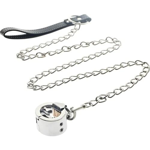 CBT Devices Piercing Chamber Ball Stretcher Metal Scrotum Pendant Ball Ring with Leash Chain Testis Weight Cock Ring