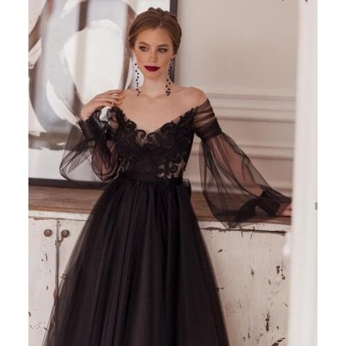 2021 Black Princess Lace Appliques Sexy Evening Dress A-Line Illusion Long Sleeve V-Neck Backless Ankle-Length Party Prom Dress