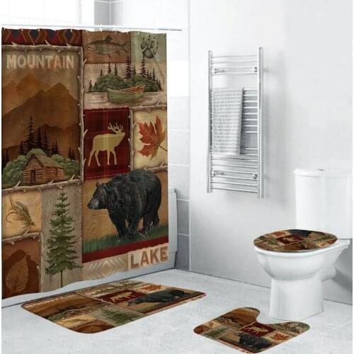 Cartoon Black Bear Printing Bathroom Decoration Waterproof Shower Curtain Non-Slip Bath Blanket With 4 Horse Toilet Covers