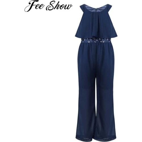 Kids Clothes Girls Casual Fashion Chiffon Sleeveless Jumpsuit Sparkly Rhinestone High Waist Wide Leg Playsuit Girls Overalls